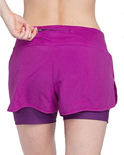 VUTRU Pantalones Cortos Correr Mujer 2 en 1 Pantalones Cortos Deportivos Cintura Alta Pantalones Cortos de Running Fitness Yoga con Bolsillo Púrpura L