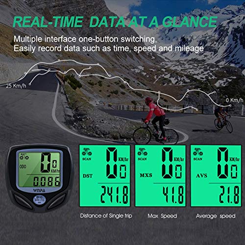 WNPA Ciclocomputador inalámbrico, cuentakilómetros impermeable con 16 funciones, cuentakilómetros pantalla LCD para ciclismo