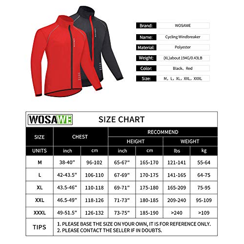 WOSAWE Chaqueta de ciclismo para correr impermeable y reflectante para hombre, cortavientos ligera, chaqueta de ciclismo a prueba de viento (rojo 3XL)