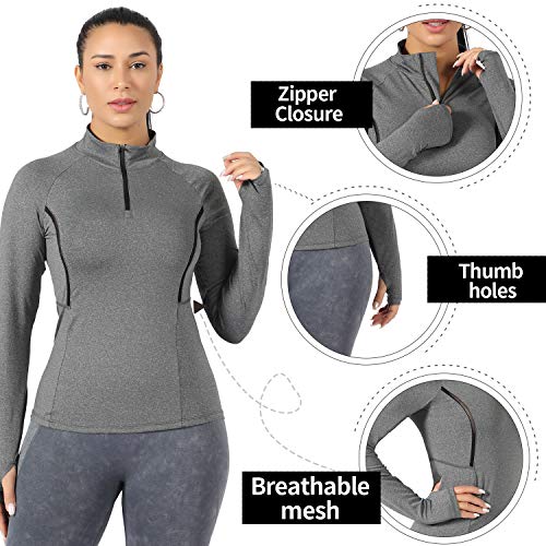 WOWENY Top de Running Ligero con Cremallera de 1/4 para Mujer, Camisetas de Manga Larga con protección Solar UPF 50+, Camisetas de Senderismo al Aire Libre para Ciclismo (Gris, M)