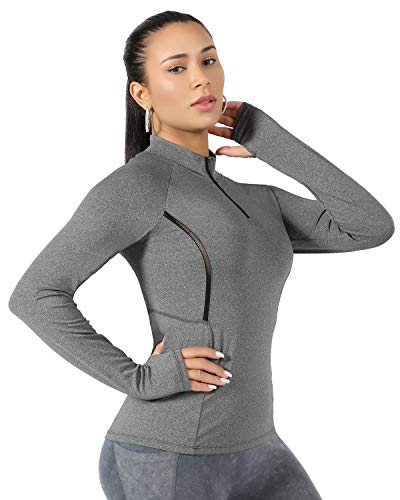 WOWENY Top de Running Ligero con Cremallera de 1/4 para Mujer, Camisetas de Manga Larga con protección Solar UPF 50+, Camisetas de Senderismo al Aire Libre para Ciclismo (Gris, M)