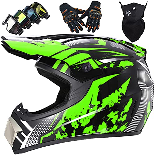 WVW Casco Motocross Niño Dot/ECE Homologado Casco de Moto para Niños Downhill.Casco de MTB de Integrales Adultos Cascos de Cross de Moto Set con Gafas/Máscara/Guantes - Negro Verde,L