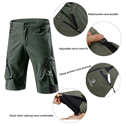 X-TIGER Pantalones Cortos de Ciclo Holgados de Hombres, Transpirables Sueltos, para MTB de los Deportes al Aire Libre (XL, Verde del ejército)