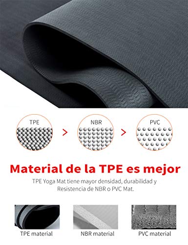 YAWHO Colchoneta de Yoga Esterilla Yoga Material medioambiental TPE,Modelo:183cmx66cm Espesor:6milímetros,Tapete de Deporte Grande y Antideslizante,Mochilas como Regalos (Grey)