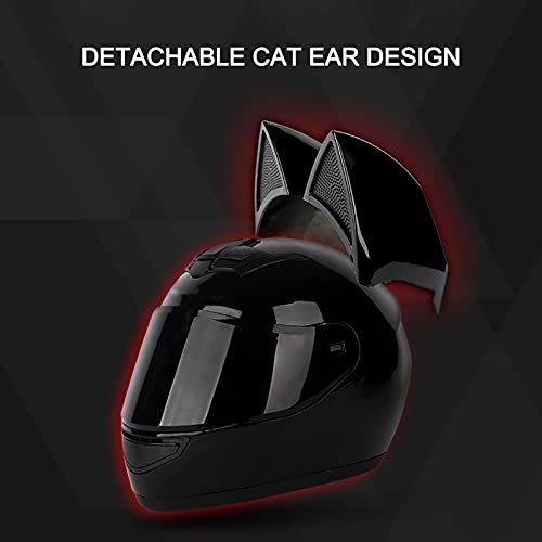 YAYT Casco De Cara Completa Bluetooth para Motocicleta, con Lazo Rojo + Lente Antivaho Transparente + Guantes + Mascarilla Casco De Oreja De Gato 50-62cm Aprobado por Dot