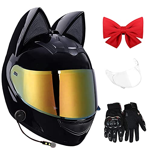 YAYT Casco De Cara Completa Bluetooth para Motocicleta, con Lazo Rojo + Lente Antivaho Transparente + Guantes + Mascarilla Casco De Oreja De Gato 50-62cm Aprobado por Dot