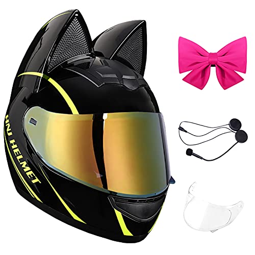 YAYT Casco De Moto Girl Cat Ears, Lazo Rosa Auriculares Bluetooth Lente Antivaho Transparente Carreras Todoterreno Casco Integral Anticolisión Aprobado por Dot