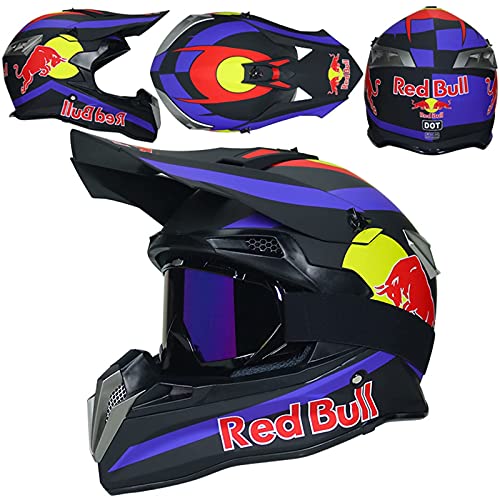 YIYUNSHU Casco De Motocross Casco De Motocross, Certificación ECE Cascos De Motocross Hombres Mujeres Casco Integral MTB BMX Quad Enduro ATV Guantes De Scooter Gafas Red Bull B, S = 54~55Cm,Negro,S