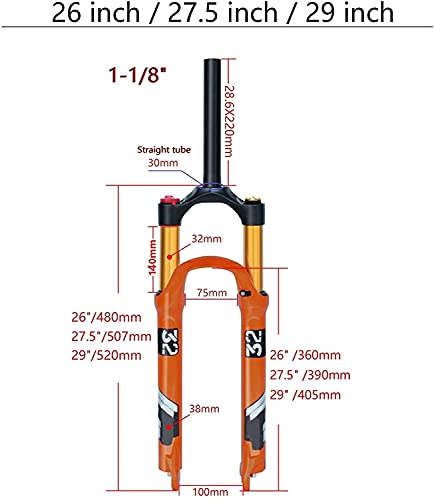 YLXD Horquilla Delantera de aleación de 26/27,5/29 Pulgadas, magnesio, Horquillas amortiguadoras de Bicicleta, Recorrido de 140 mm, Eje, Freno de Disco QR de 9 mm para Bicicleta MTB 26