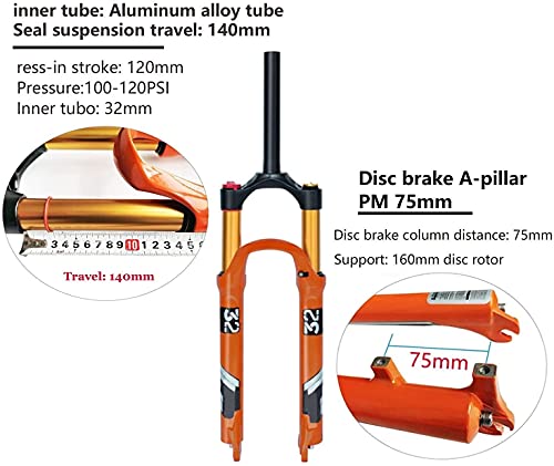 YLXD Horquilla Delantera de aleación de 26/27,5/29 Pulgadas, magnesio, Horquillas amortiguadoras de Bicicleta, Recorrido de 140 mm, Eje, Freno de Disco QR de 9 mm para Bicicleta MTB 26