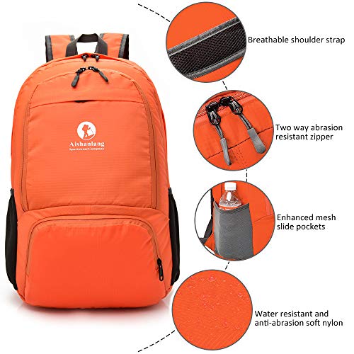 Young Min Mochila Plegable Ligera 25L, Mochila Compact Impermeable Bolso de Viaje para Hombre Mujer Nylon Resistente para Senderismo, Camping, Ciclismo Deportes al Aire Libre (Naranja)