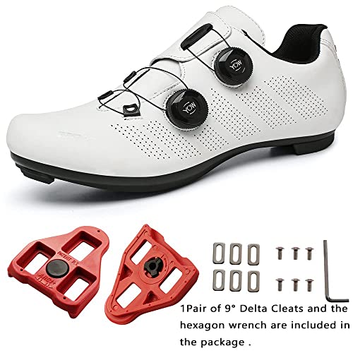 Zapatillas Ciclismo Carretera Hombre Bicicleta Carretera MTB Tacos Respirables calas Pedales Mountain Interior Zapatillas de Ciclismo (Blanco, Numeric_42)