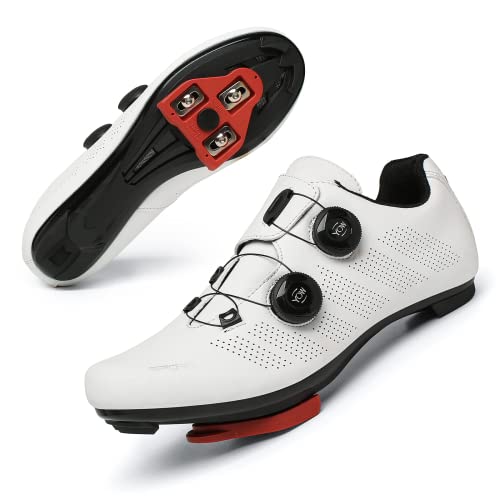 Zapatillas Ciclismo Carretera Hombre Bicicleta Carretera MTB Tacos Respirables calas Pedales Mountain Interior Zapatillas de Ciclismo (Blanco, Numeric_42)