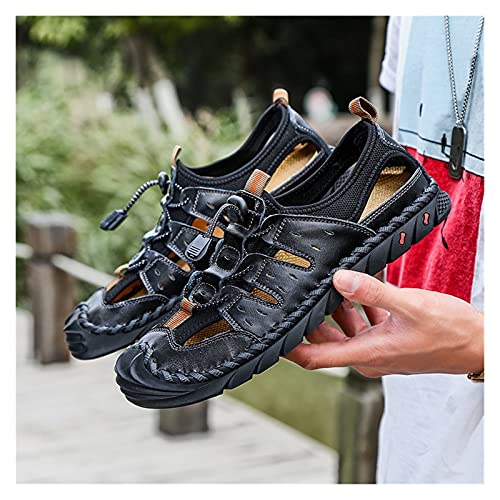 ZDYGJH Sandalias para Hombre Corte De Hombres Sandalia Sandalia Cuero Genuino Bungee Lace Up Steel Close Toe Shoes Pull Tap Tap Tap Thirt Resistentes Sandalias De Playa Flexibles para Hombres y niños