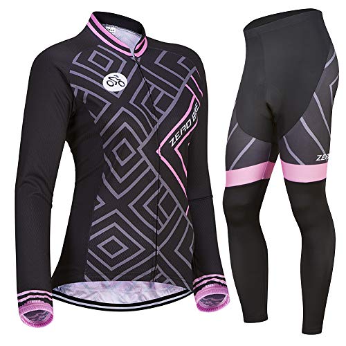 ZEROBIKE Ropa Ciclismo para Mujere, Ciclismo Maillot MTB de Manga Larga y Culotte Pantalones Acolchado 3D, M