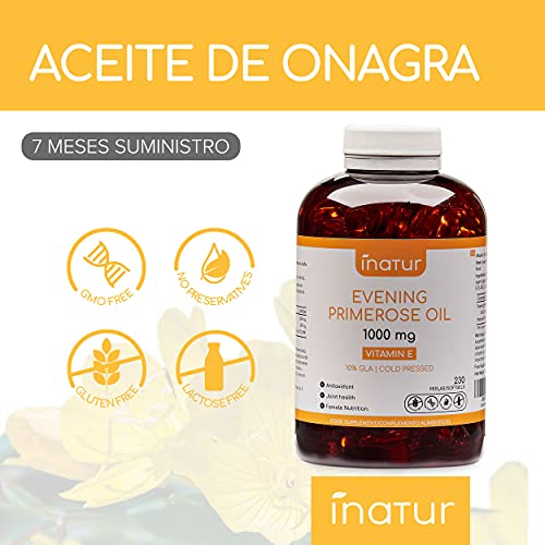 Aceite de Onagra 1.000 mg – 230 Perlas | Inatur | Vitamina E | 10% GLA | Suministro 7 meses | Salud hormonal de las mujeres | Salud de piel y huesos | 100% Natural