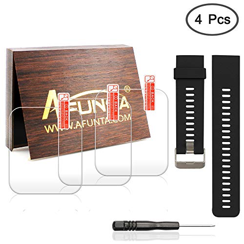 AFUNTA Reemplazo Banda de silicona y 3 PCS Protector de pantalla de cristal Compatible Reloj inteligente Garmin Forerunner 35, Correa de pulsera y Película antirrayas para 3 PCS - Negro