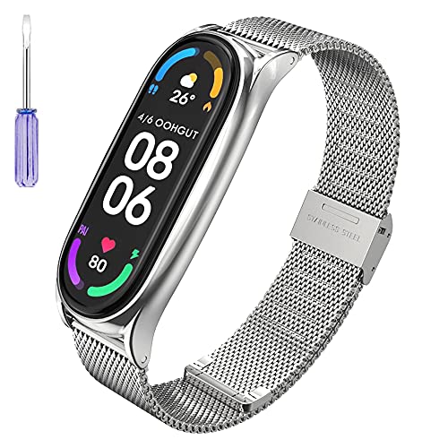 AHANGA Correa para Xiaomi Mi Band 6 Pulseras MiBand 5/4/3 Pulsera Metal Correas de Actividad Reloj Milanés Wristband Recambio Bandas de Acero Inoxidable Agradable con Cierre para Hombres Mujer