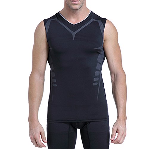 AMZSPORT Camiseta de compresión sin mangas para hombre Deportes de Secado Rápido Baselayer Funcionamiento Tirantes Negro M