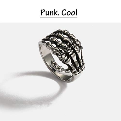 Anillo de calavera Vintage Punk Anillos Retro Tallado Esqueleto Manos Anillo de Plata Abierta Anillo Gótico Vintage Anillo de Acero Inoxidable (Plata Número 10)