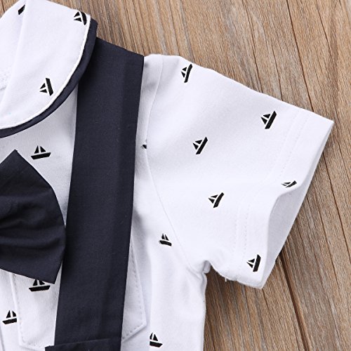 Bebé Recién Nacido Conjunto de 2 Piezas Traje de Caballero Mameluco de Manga Corta con Corbata de Bowknot y Cuello de Polo + Pantalones Cortos de Tirantes para Bautizo Cumpleaños (Negro, 0-6 Meses)