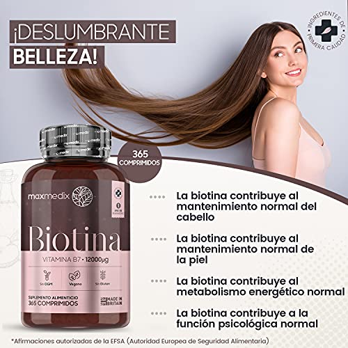 Biotina Natural 12000 mcg Dosis Alta, 365 Comprimidos Veganos - Suplemento Vitamínico Para Crecimiento del Cabello y Uñas, Contribuye al Metabolismo Energético Normal, Suministro para 1 Año