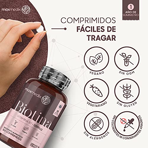 Biotina Natural 12000 mcg Dosis Alta, 365 Comprimidos Veganos - Suplemento Vitamínico Para Crecimiento del Cabello y Uñas, Contribuye al Metabolismo Energético Normal, Suministro para 1 Año