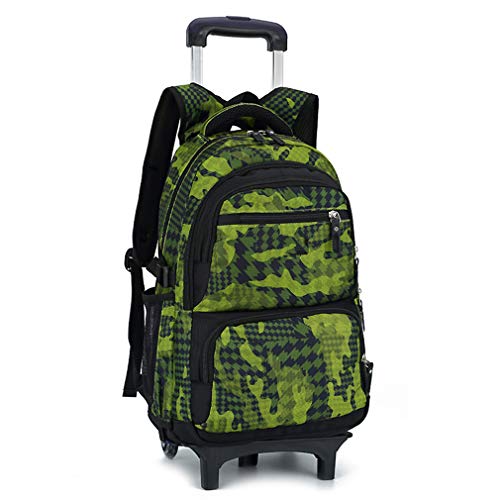 Bolso con Ruedas Mochila Escolar Bolso de la Carretilla Camuflaje del Balanceo Niños(Fluorescente Verde 2 Ruedas)