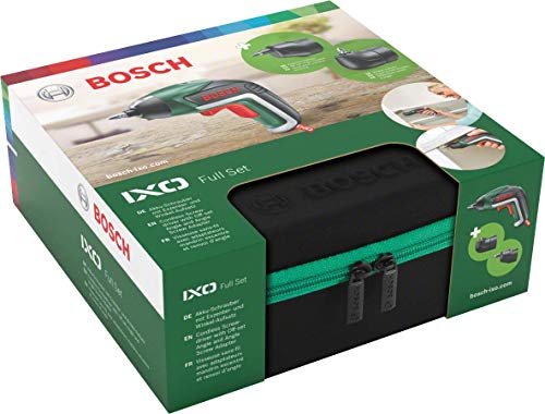 Bosch IXO Set Atornillador a batería Accesorios angular y excéntrico, 10 puntas para atornillar, cargador USB, estuche de espuma, 3.6 V, 1.5 Ah