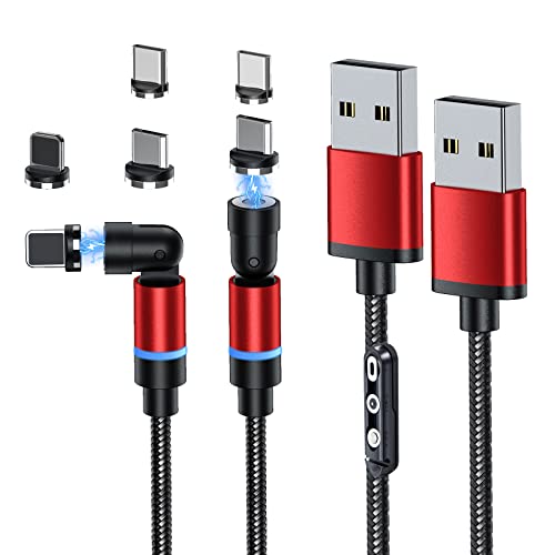 Cable Magnetico, [ 2Pack, 1.2M+2M ] Cable Carga Rapida 3A, 3 en 1 Cargador Magnético 360° y 180° Rotación USB Charging Cable para Micro USB, Tipo C y Otra (Rojo)