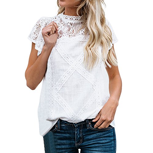 Camisetas Mujer SHOBDW Dia de la Mujer Verano Patchwork De Encaje Casual Ahuecar Volantes Manga Corta Suéter De Cuello De Tortuga Linda Blusa Floral Camiseta Blanca para Mujer (XXL, A-Blanco)