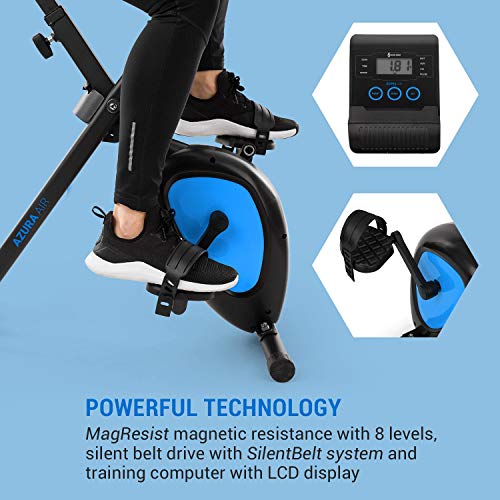 Capital Sports Azura Air - Bicicleta estatica de cardio plegable, Computador de entrenamiento, Pulsómetro, Bici estática sillín ergonómico, 7 niveles altura, Antideslizante, Pantalla LCD, Azul