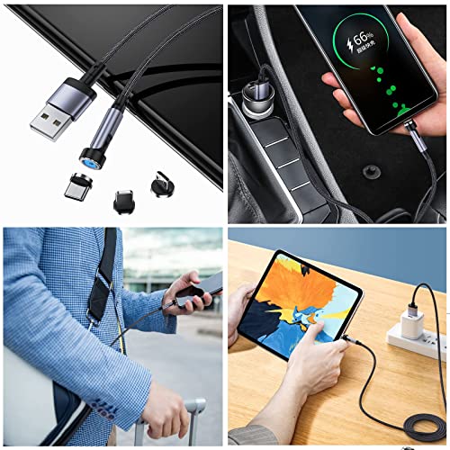 Cargador Magnetico Movil, [ 4Pack, 0.5M+1.2M+1.2M+2M ] Cable Cargador USB, 3 en 1 Nailon Rotación 360°+ 180° Cables Iman Compatible con Micro USB, Tipo C e Altro (Style B-Gray)