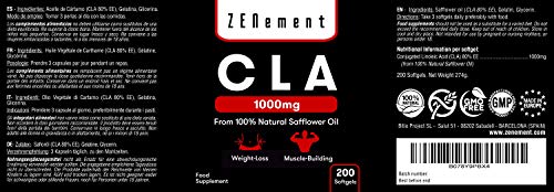 CLA - Ácido Linoleico Conjugado | 1000mg x 180 perlas | Crecimiento Muscular y Reducción de Grasa Corporal | Aceite Vegetal de Cártamo 100% Natural, sin gluten, sin transgénicos.