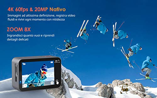 COOAU Cámara Deportiva 4K 60FPS 20MP Wi-Fi（pantalla táctil con zoom 8X Nuevo EIS Anti-Shake, Estuche impermeable para cámara subacuática de 40 m, Micrófono externo ajustable, 2x1350mAh Baterías）