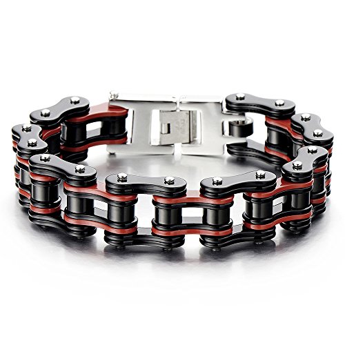 COOLSTEELANDBEYOND Grandes y Pesados, Pulsera de Hombre, Brazalete de Acero Inoxidable, Bike Chain, Cadena Bici, Color Rojo Negro