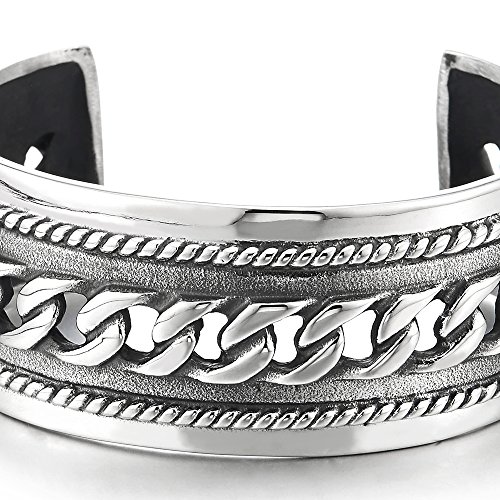 COOLSTEELANDBEYOND Masculino Ancha Pulsera de Hombre Mujer, Brazalete de Acero Inoxidable Color Plata con Cadena Barbada Ornamento