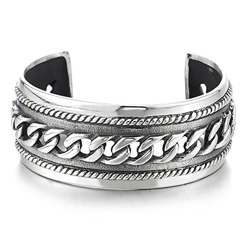 COOLSTEELANDBEYOND Masculino Ancha Pulsera de Hombre Mujer, Brazalete de Acero Inoxidable Color Plata con Cadena Barbada Ornamento