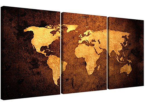 Cuadro de pared Wallfillers® de 3 piezas sobre lienzo, diseño de mapa del mundo vintage