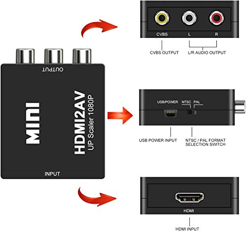 DIGITNOW! HDMI a AV 3 RCA CVBS Compuesto Adaptador Convertidor Conversor de Video y Audio de señal Mini 1080P con Cable de Carga USB ,Compatible para PC/Laptop/Xbox / PS4 / PS3 / TV/VCR Cámara DVD