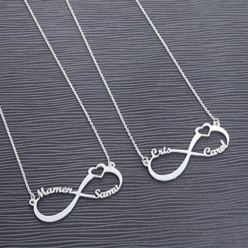 doble aro Collar Infinito con Corazón Personalizado - Añade entre 1 y 3 Nombres - Colgante en Plata de Ley 925/1000 (Corazón, Plata de Ley 925)