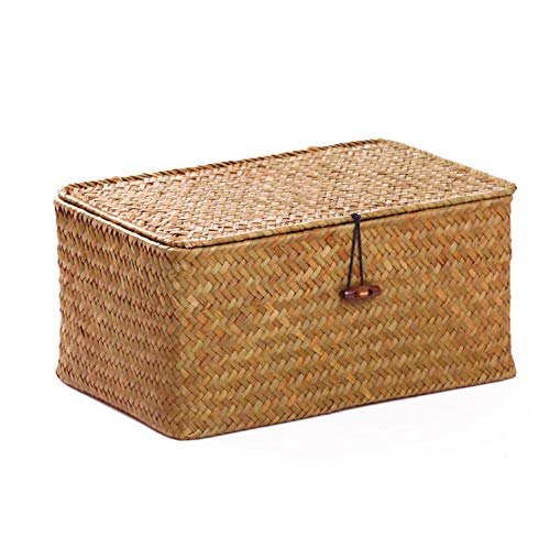 DOKOT Seagrass Cestas Mimbre Decoración Cesto de Almacenaje con Tapa Rectangular Tejido de Ratán Caja con Tapa (Pequeño 26cmx14cmx11cm H)