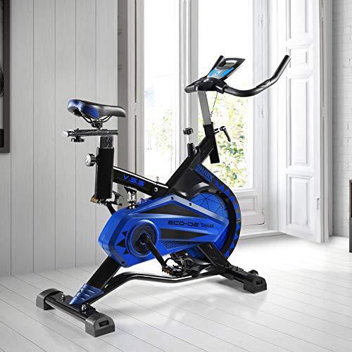 ECODE Bicicleta Spinning Shark. Uso semiprofesional con pulsómetro, Pantalla LCD y Resistencia Variable. Estabilizadores. Completamente Regulable.Rueda de inercia de 20kgrs