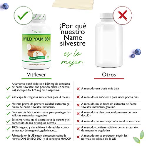 Extracto de raíz de ñame silvestre - 240 cápsulas (suministro para 4 meses) - Altamente dosificado con 880 mg de extracto (incluyendo 176mg de diosgenina) por dosis diaria - Vegano