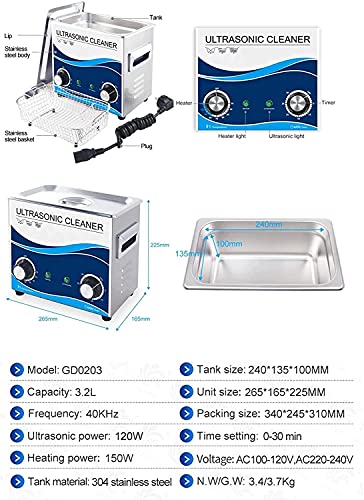 FCPLLTR Limpiador ultrasónico 120W, máquina de Limpiador de baño de 3.2L Ultra Sonic con Canasta del Calentador, para joyería, Vidrio, grabación, Piezas de Bicicleta, Placa de Circuito