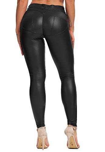 FITTOO PU Leggings Cuero Imitación Pantalón Elásticos Cintura Alta Push Up para Mujer #1 Bolsillo Falso Poca Terciopelo Negro XXL