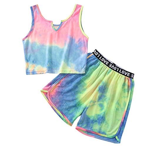 Freebily Conjuntos de Top y Pantalones Cortos para Niñas Ropa de Verano Casual Deporte Danza Chicas Conjuntos Teñidos Dos Piezas Ropa Conjuntos Deportivos Tie Dye 13-14 años