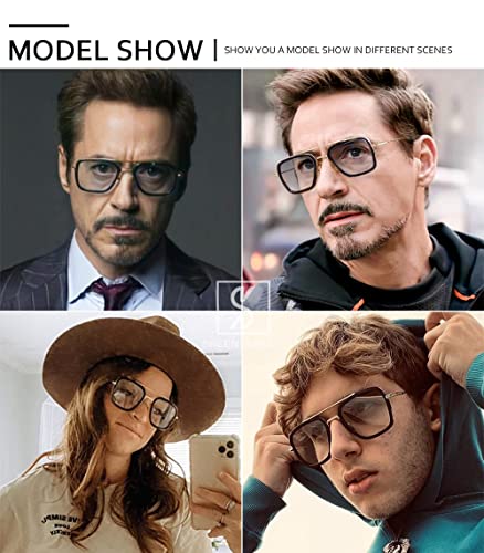 Gafas de sol retro de gama alta Gafas Tony Stark Gafas cuadradas Marco de metal para hombres Mujeres Gafas de sol de Iron Man Vuelo Mismo párrafo Lente transparente Gradiente Gris