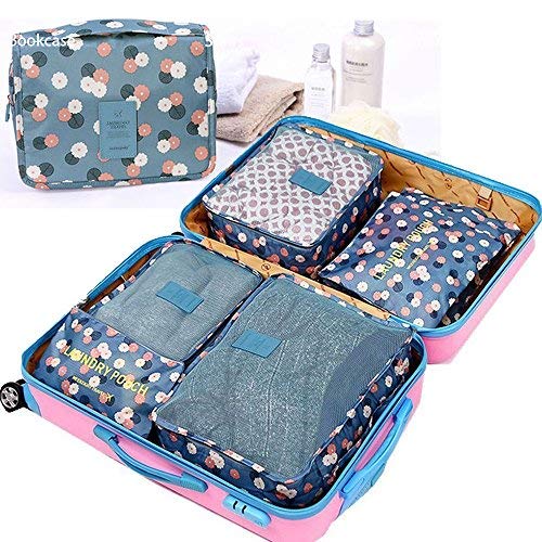 GCBTECH Set de 7 Organizadores de Viajes Cubo de Viaje Bolsas de compresión de Equipaje, Viajar Bolsas de Aseo, Bolsa de cosmético del Maquillaje Portable - Flores Azules