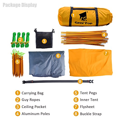 GEERTOP® Alpinismo Tienda de Campaña Impermeable Ultra Ligera - UV Resistente - 4 Estaciones 2 Personas 120 x 210 x 100 cm - para Acampar Excursionismo y Turismo (Amarillo)